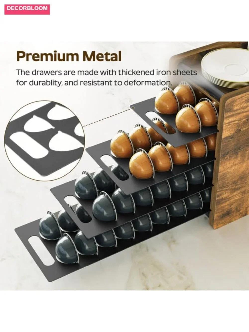 Coffee Pod Drawer Holder, 72 Pods, 4 Tier, Countertop Storage, Rustic Brown